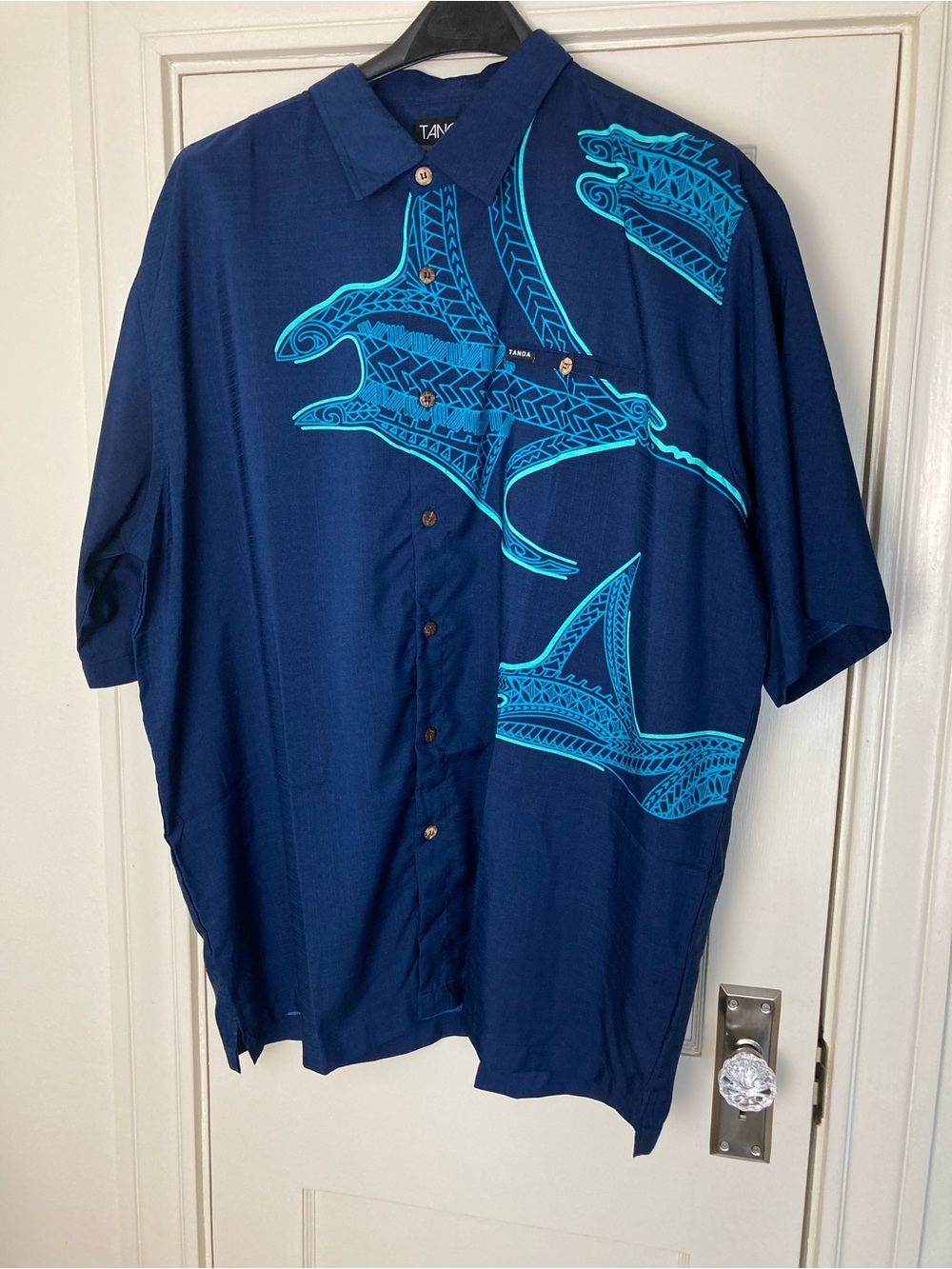 Tano SAMOA Polynesian Navy Shirt with Teal Tribal Tattoo Manta Print 3X